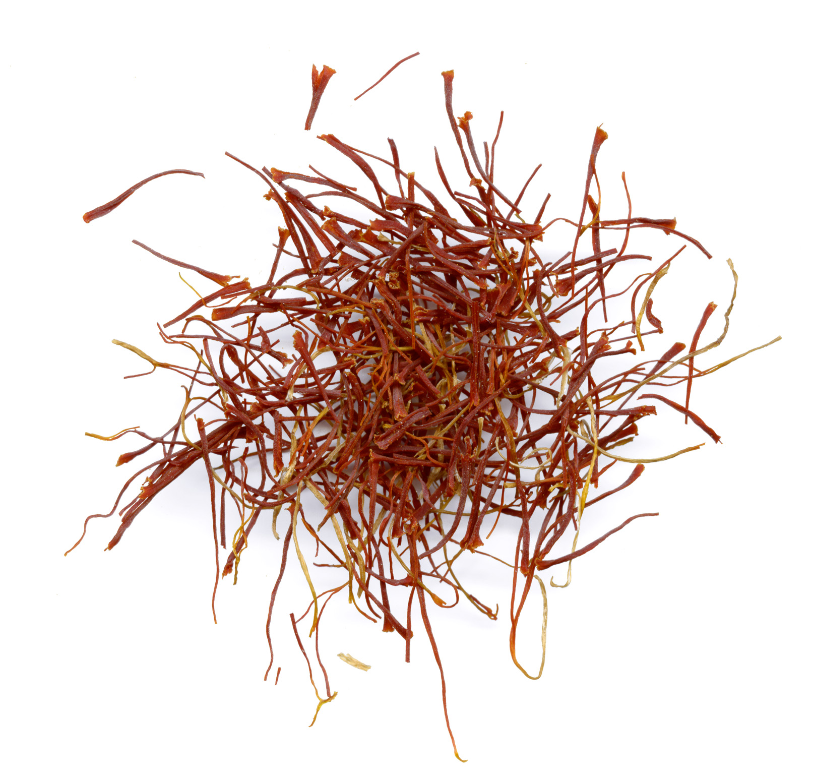 A close view of deep red and gold saffron threads.
